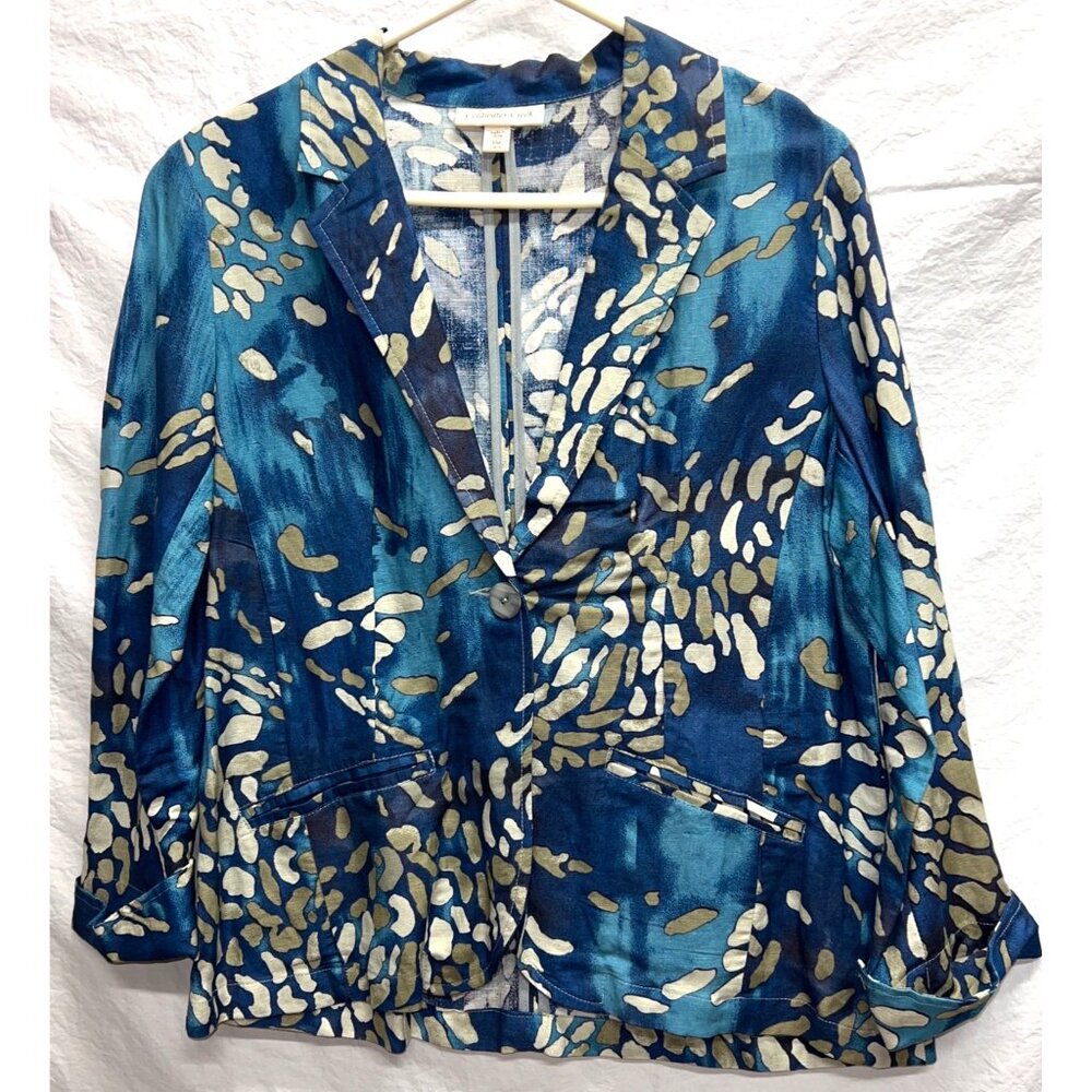 Coldwater Creek Women's Blue and Beige One Button Blazer PM Cuffed Sleeve